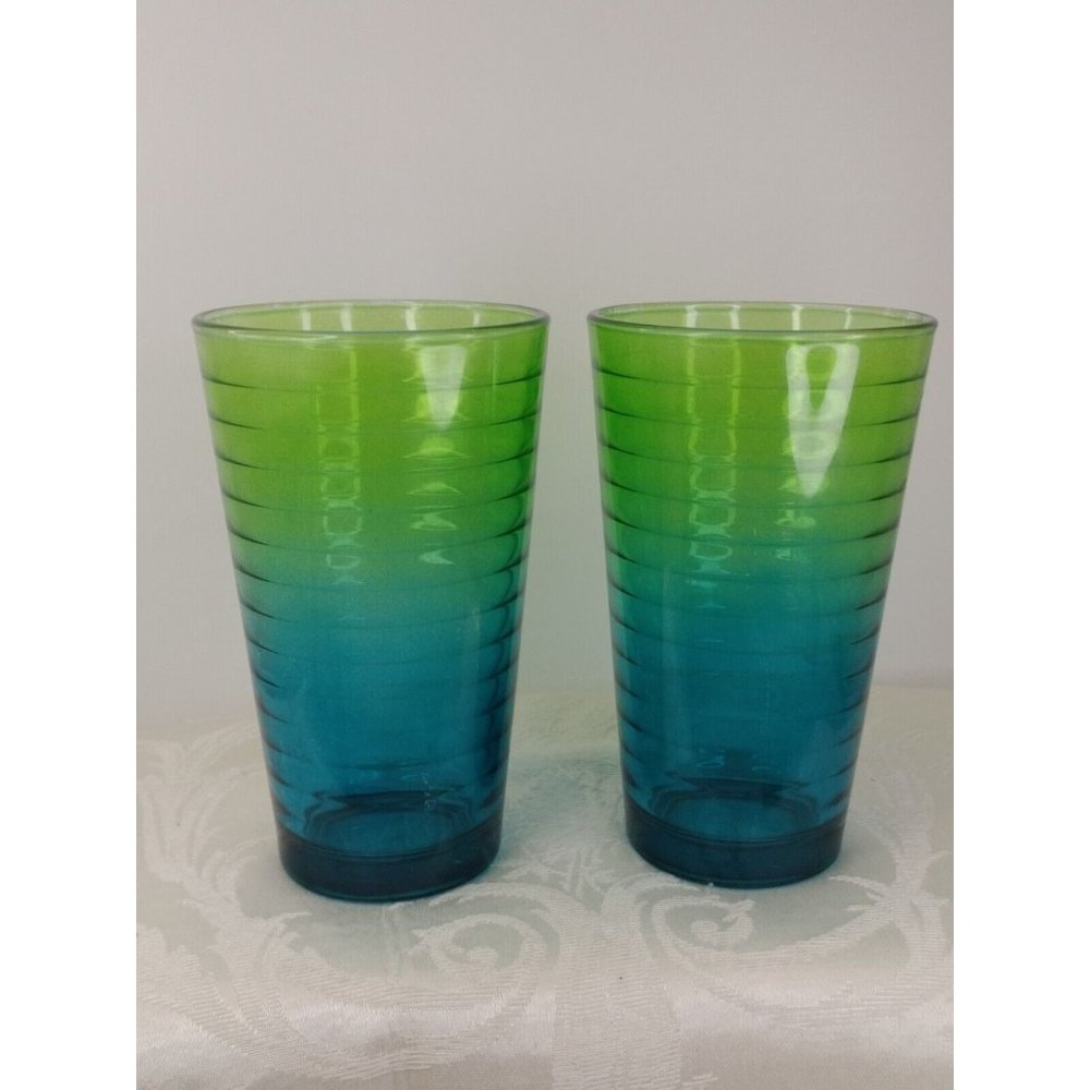 Libbey Ombre Green& Blue Glasses Hoop Design 2Tone Set Of 2 16oz